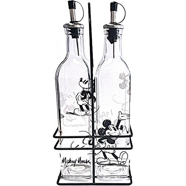 Disneyland Paris Mickey Sketch Oil and Vinegar Glass Bottle with Metal Rack